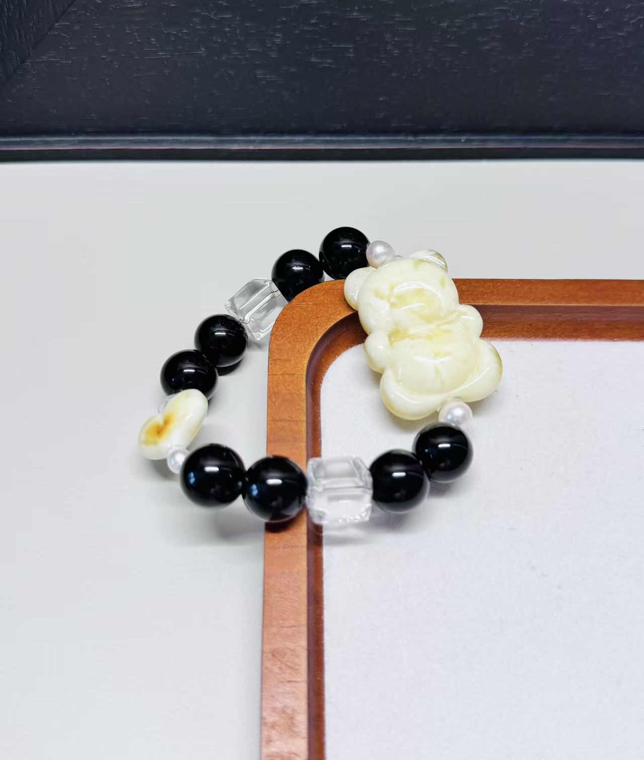 Mystic Ivory Realm - Cuddly Bear & Heart Amber Natural Stone Bracelet