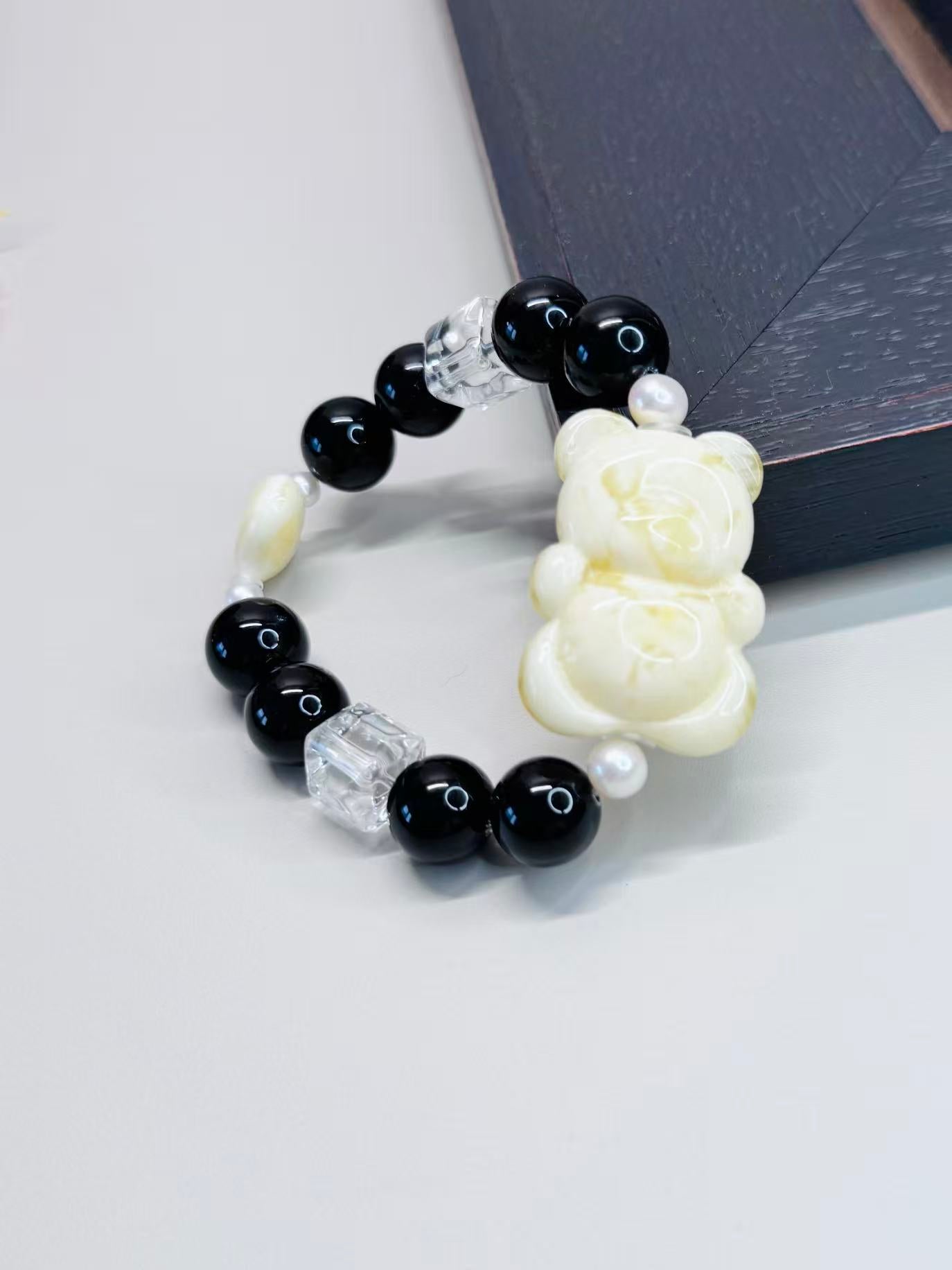 Mystic Ivory Realm - Cuddly Bear & Heart Amber Natural Stone Bracelet