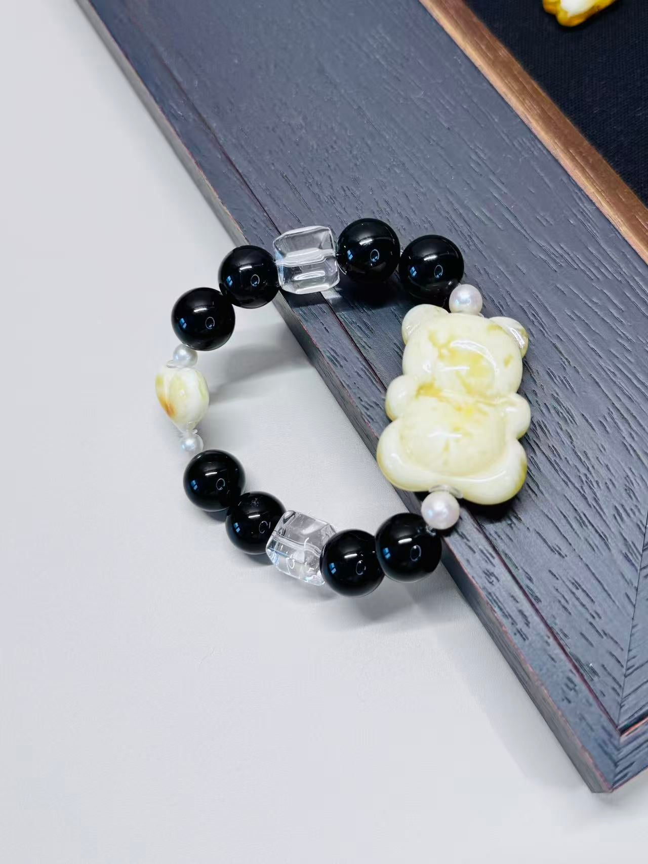 Mystic Ivory Realm - Cuddly Bear & Heart Amber Natural Stone Bracelet