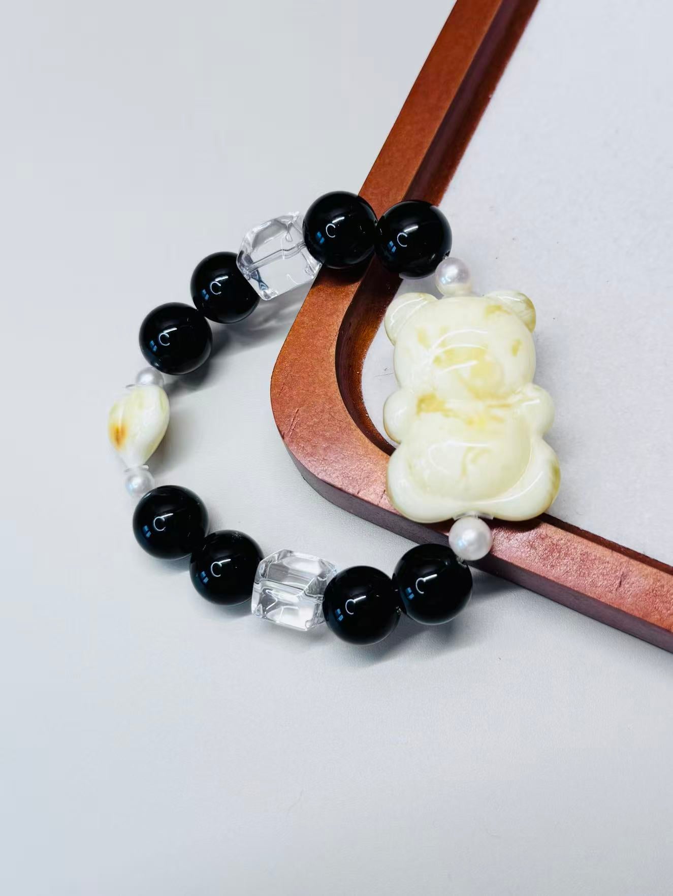 Mystic Ivory Realm - Cuddly Bear & Heart Amber Natural Stone Bracelet