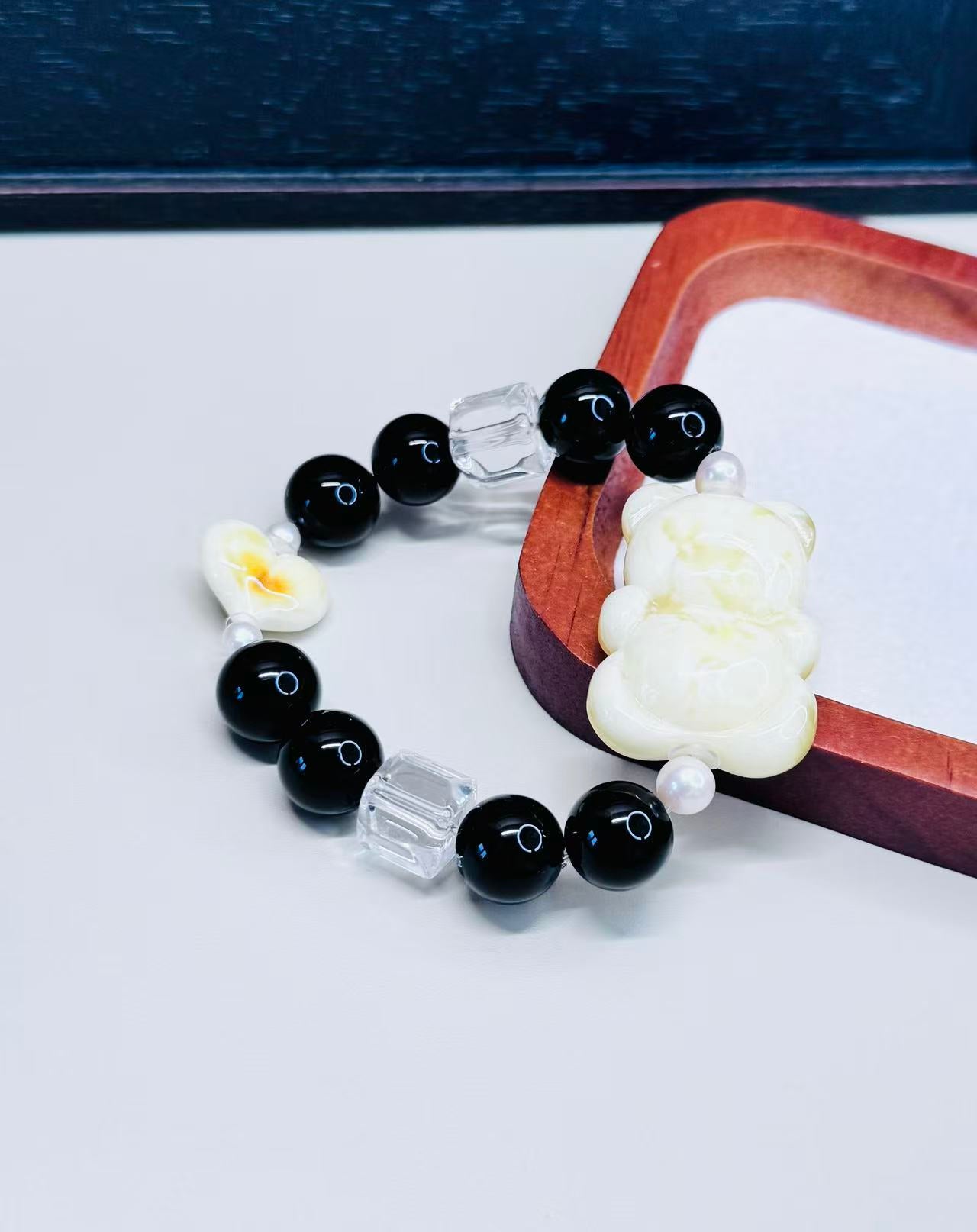 Mystic Ivory Realm - Cuddly Bear & Heart Amber Natural Stone Bracelet