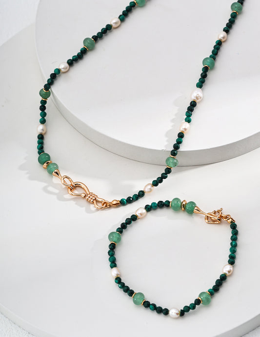 S925 Silver Green Dongling Jade Natural malachite Pearl Necklace (2Way Necklace/bracelet)  D0550-2