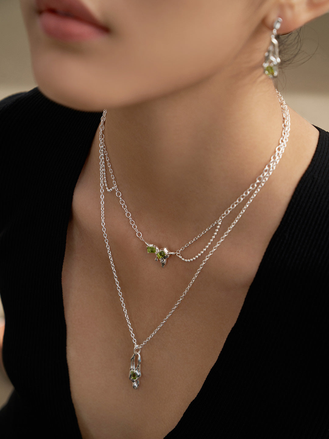 S925 Silver Natural Peridot Necklace D0239