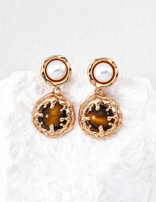 "Coral Sea"S925 Silver Natural Pearl Turquoise/Tiger's Eye Earrings E01413