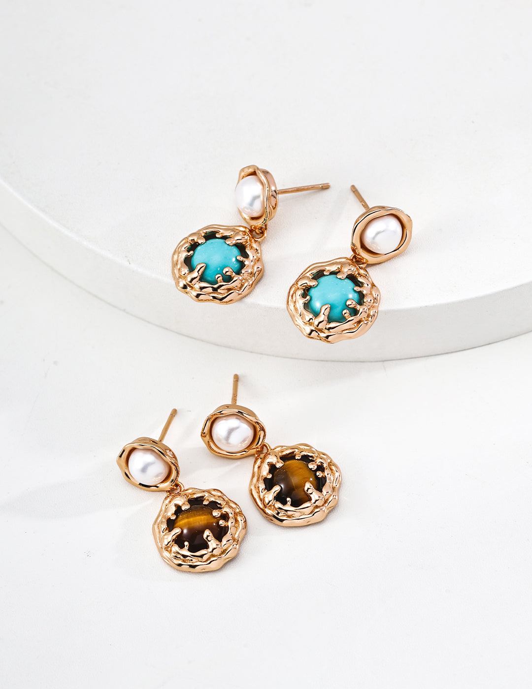 "Coral Sea"S925 Silver Natural Pearl Turquoise/Tiger's Eye Earrings E01413