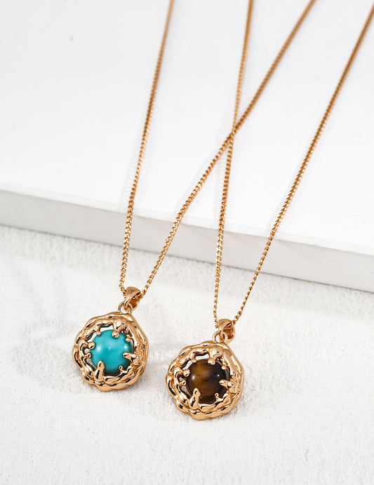 "Coral Sea"S925 Sterling Silver Vintage Turquoise/Tiger's Eye Pendant Necklace D0703